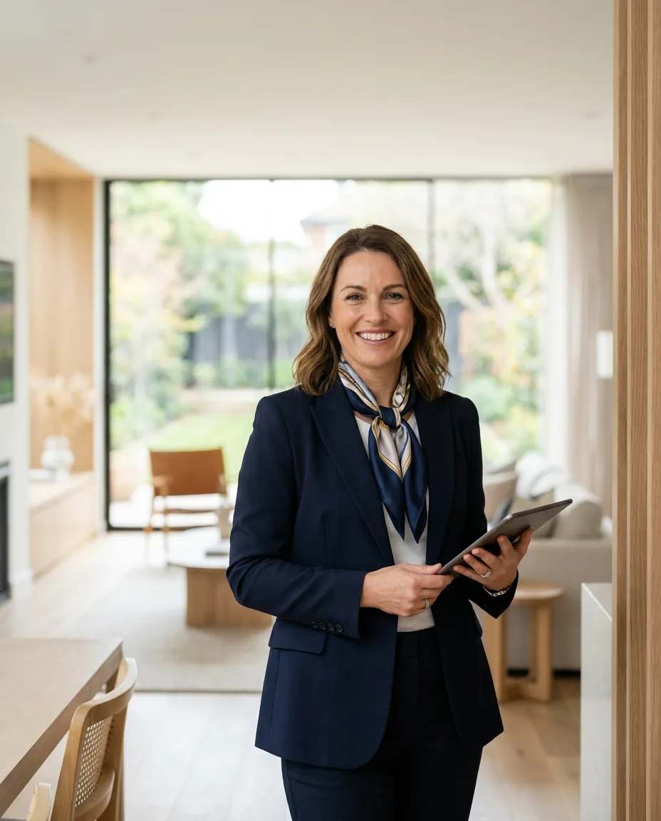A real-estate agent welcoming clients into a bright home